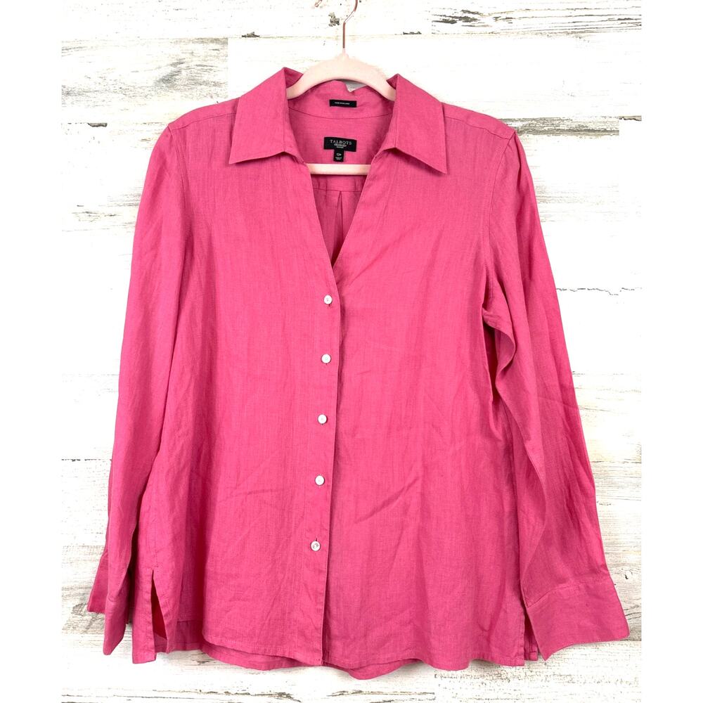 Talbots Pure Irish Linen Button Up Shirt 12 Petite Pink Coastal Casual NEW